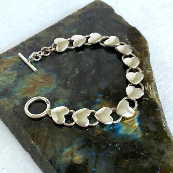 Solid Sterling Silver 925 Stacking Heart Link Toggle Clasp Bracelet Sz 6.5" 20g - Picture 13 of 16